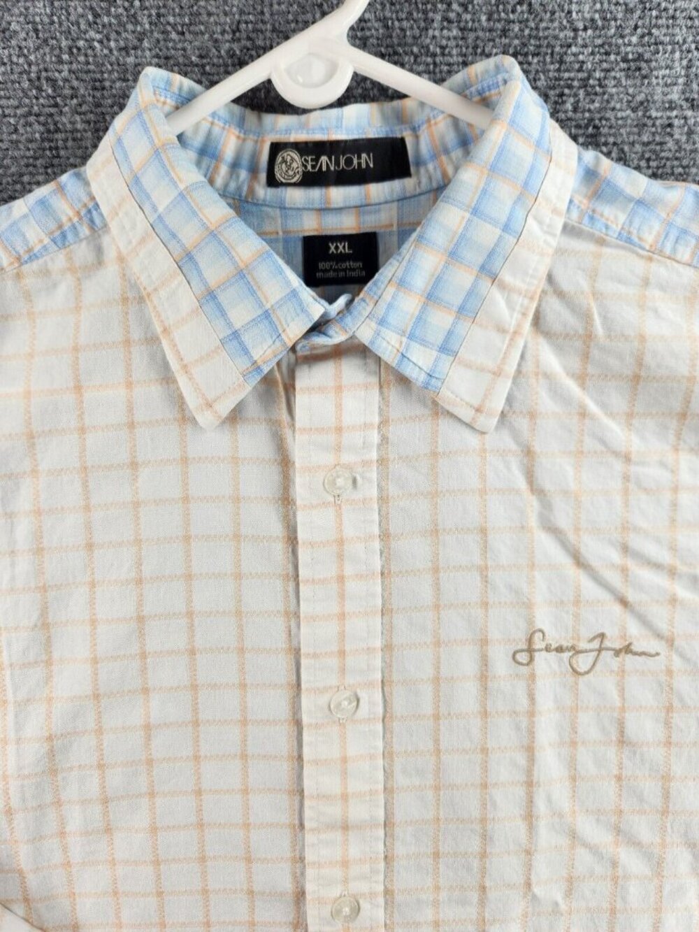 Sean John Button Up Shirt 2XL Embroidered Long Sleeve Blue Beige Check Logo Men